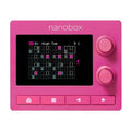 Pink electronic music device with display, two rotary knobs, and four push buttons showing a grid interface.