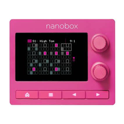 Pink electronic music device with display, two rotary knobs, and four push buttons showing a grid interface.