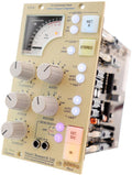 Audio compressor module with multiple knobs, buttons, VU meter, and input/output jacks on front panel