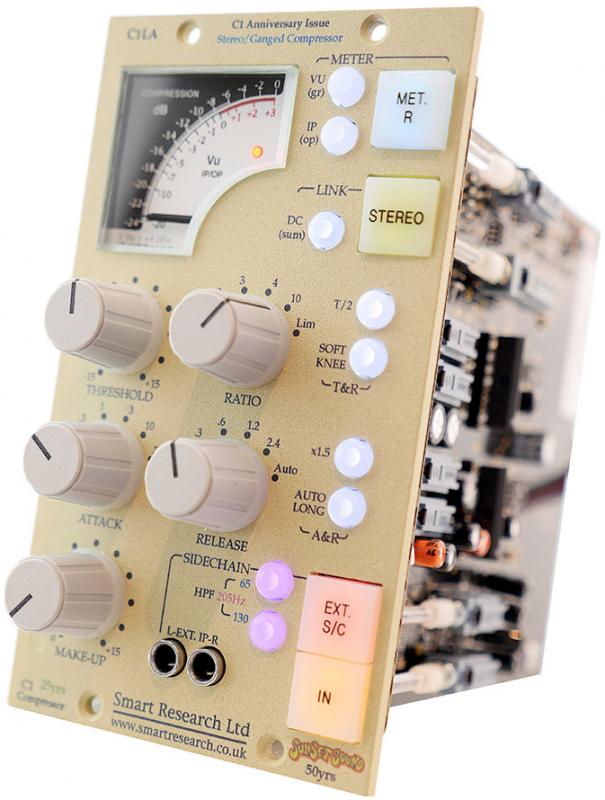 Audio compressor module with multiple knobs, buttons, VU meter, and input/output jacks on front panel