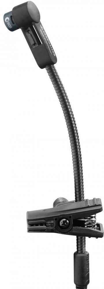 Black microphone with foam windscreen mounted on a flexible gooseneck clamp with attached cable.