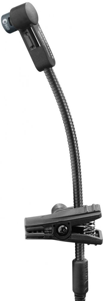 Black clip-on microphone with a flexible gooseneck and cable attached.