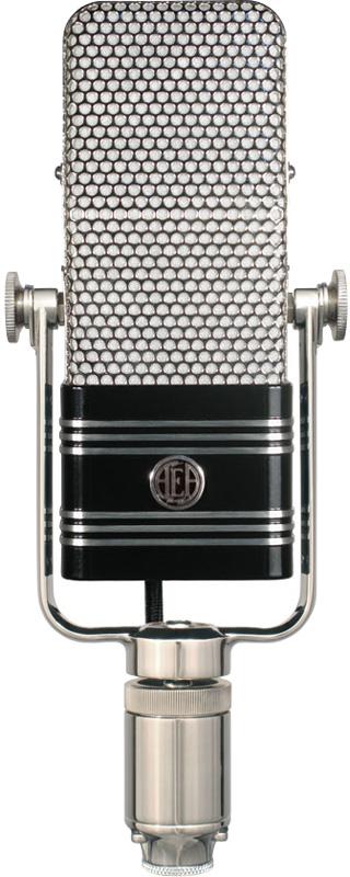 Silver and black metal microphone with a mesh grille and AEA logo in the center.