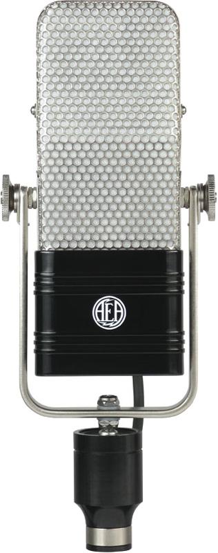 Silver and black vintage-style microphone with honeycomb grille and AEA logo on black body.