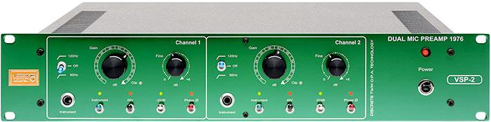 Front panel of a green dual-channel audio preamplifier with knobs, switches, and jack inputs labeled VSP-2