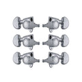 Set of six silver chrome guitar tuning pegs with mounting plates shown on white background