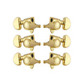 Set of six gold-colored guitar tuning machine heads arranged in three pairs.