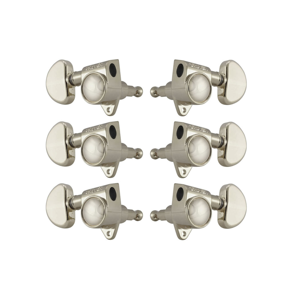 Six nickel-colored guitar tuning machine heads with kidney-shaped tuning keys arranged in two columns.