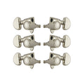 Six nickel-colored guitar tuning machine heads with kidney-shaped tuning keys arranged in two columns.