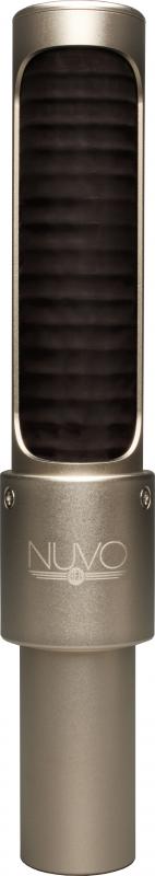Close-up view of a grey cylindrical microphone with a black grille and NUVO branding.