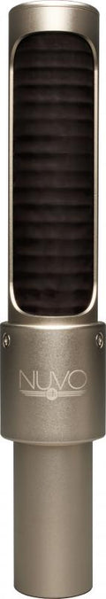 Close-up view of a grey cylindrical microphone with a black grille and NUVO branding.