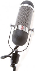 Black and silver microphone with a mesh grille and cable ending in a circular connector and adjustment knobs on the mount.