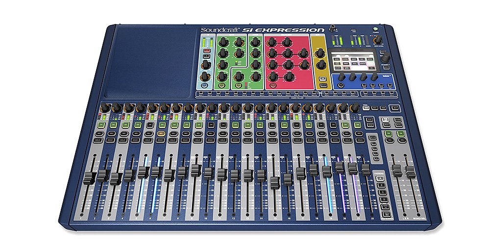 Top view of a Soundcraft Si Expression digital audio mixer with multiple faders, knobs, and control buttons.