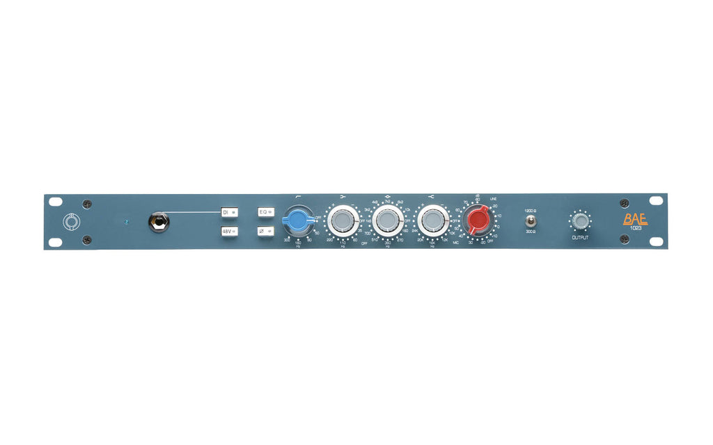 Front view of a BAE 1023 rackmount audio unit with knobs, switches, and a 1/4 inch input jack on a blue panel.
