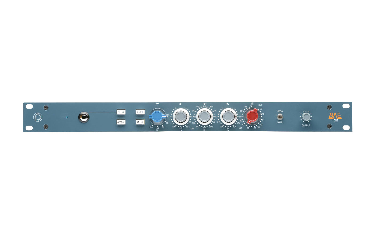Front view of a BAE 1023 rackmount audio unit with knobs, switches, and a 1/4 inch input jack on a blue panel.