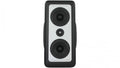 Black and gray rectangular studio monitor speaker with two large drivers and one smaller central driver.