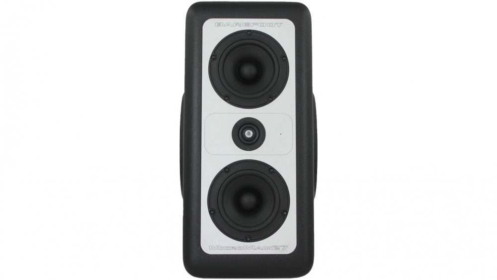 Black and gray rectangular studio monitor speaker with two large drivers and one smaller central driver.