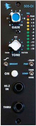 Black audio module with knobs, switches, LED meter, and two 1/4 inch input/output jacks.