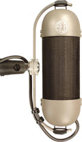 Cylindrical studio microphone with AEA logo, mounted on a metal frame with attached cable and knob control.