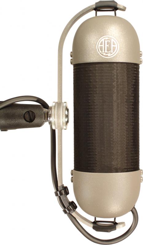 Cylindrical studio microphone with AEA logo, mounted on a metal frame with attached cable and knob control.