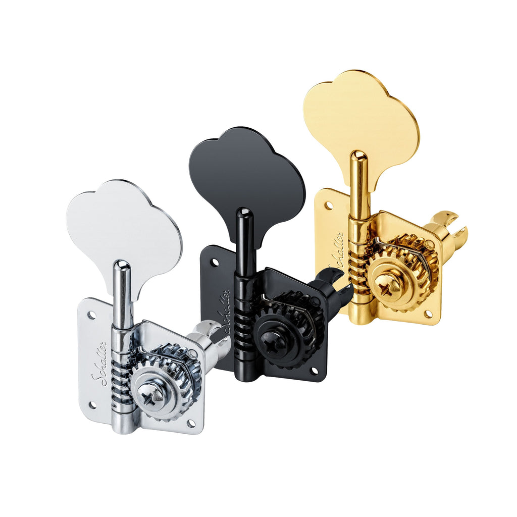 Three metallic guitar tuning pegs in silver, black, and gold finishes with engraved branding.