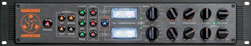 Front panel of a Dangerous Music compressor with buttons, knobs, two displays, and meter controls.