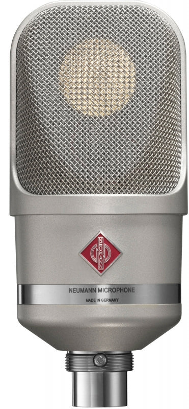 Silver metal microphone with large mesh grille and red Neumann logo on body.
