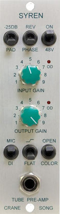 Front panel of Crane Song Syren preamp/DI with gain knobs, toggle switches, and a 1/4 inch input jack.