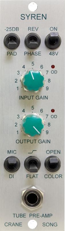 Front panel of Crane Song Syren preamp/DI with gain knobs, toggle switches, and a 1/4 inch input jack.