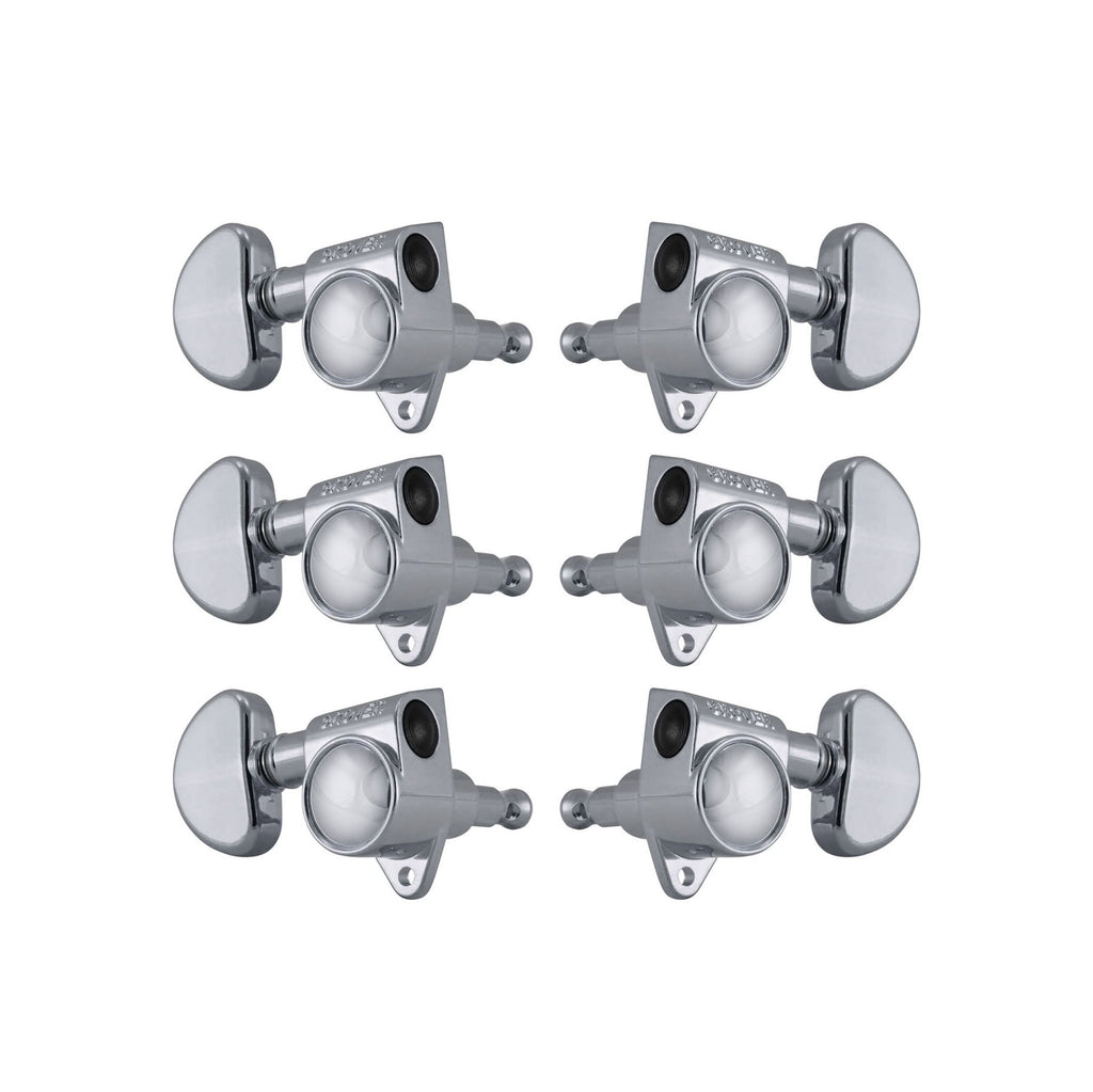 Six chrome guitar machine heads with kidney-shaped tuning knobs arranged in two rows of three.