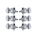 Six chrome guitar machine heads with kidney-shaped tuning knobs arranged in two rows of three.