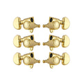 Set of six gold-colored guitar tuning machine heads with kidney-shaped knobs arranged in two columns.