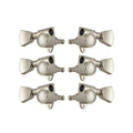 Six nickel-colored guitar tuning machine heads arranged in two vertical columns on a white background.