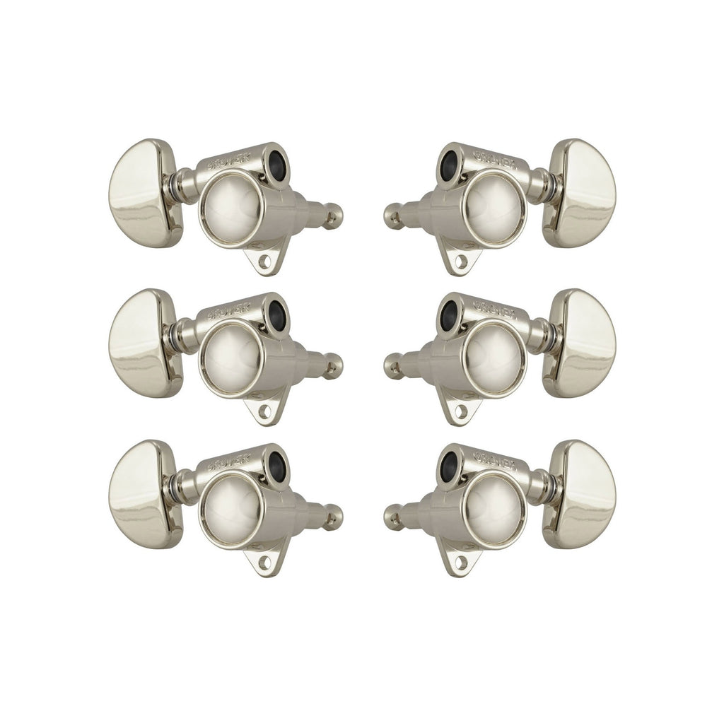 Set of six nickel-colored Rotomatic style guitar machine heads with rounded tuning pegs.