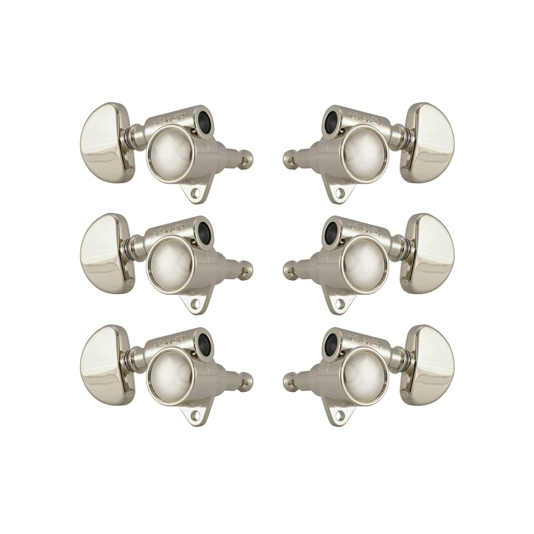 Set of six nickel-colored Rotomatic style guitar machine heads with rounded tuning pegs.