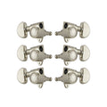 Six nickel guitar tuning pegs with kidney-shaped rotary knobs arranged in three pairs.