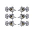 Set of six nickel-colored guitar machine heads with visible gears and tuning pegs arranged in two columns of three.