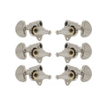 Six silver metal guitar tuning machine heads with visible gear mechanism and black screw covers.