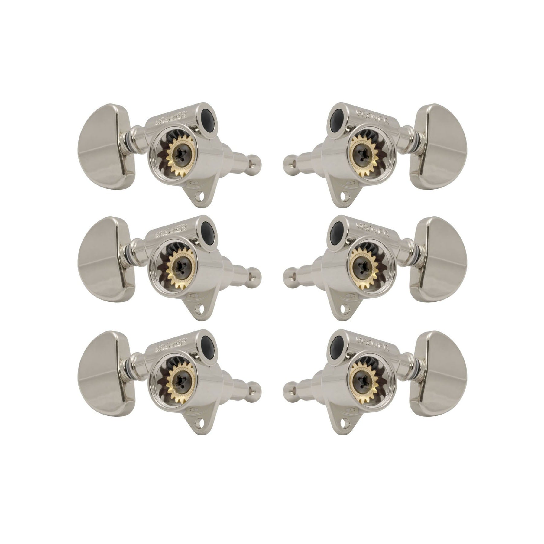 Six silver metal guitar tuning machine heads with visible gear mechanism and black screw covers.