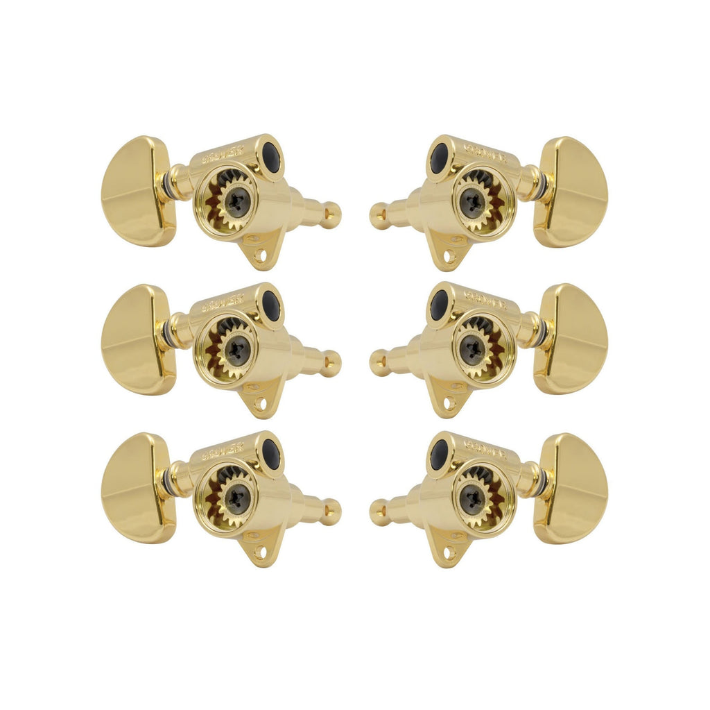 Set of six gold guitar tuning machine heads with black accents and visible gear mechanisms.
