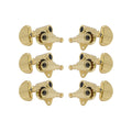 Set of six gold guitar tuning machine heads with black accents and visible gear mechanisms.