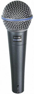 Handheld black microphone with silver mesh grille and Shure Beta 58A label