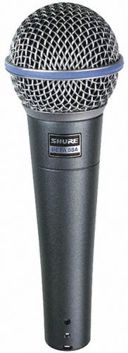 Handheld black microphone with silver mesh grille and Shure Beta 58A label