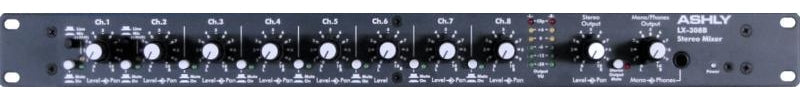 Front panel of a black Ashly LX-308B audio stereo mixer with knobs, LED meters, and 1/4 inch jacks.