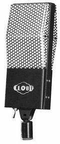 Vintage-style microphone with metal mesh grille and black base labeled LOUD, mounted on a stand connector.