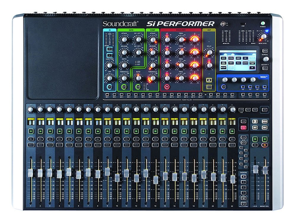 Top view of a Soundcraft Si Performer digital mixing console with multiple faders, knobs, buttons, and a color display screen.