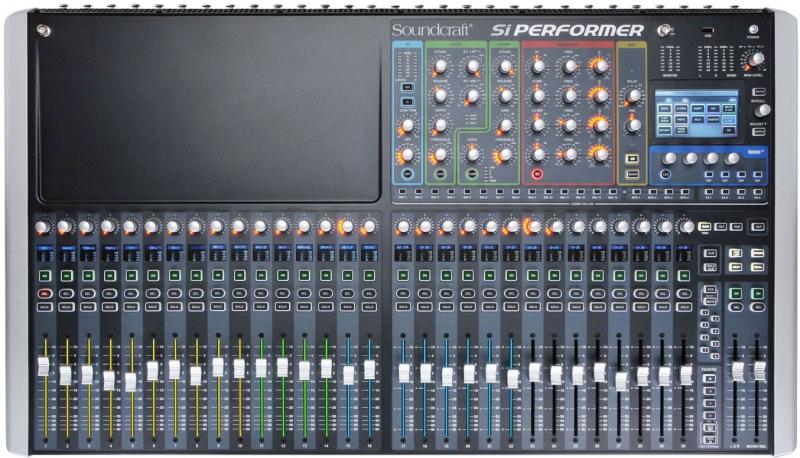 Top view of a Soundcraft Si Performer audio mixer with multiple faders, knobs, buttons, and a color display screen.
