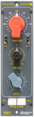 Audio device control panel with three knobs and two buttons labeled TG 2-500 by Chandler Limited.