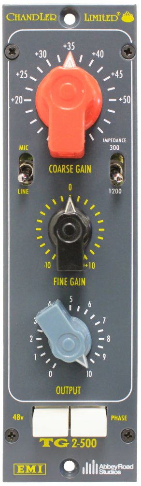 Audio device control panel with three knobs and two buttons labeled TG 2-500 by Chandler Limited.
