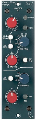 Front panel of Rupert Neve Designs 551 equalizer module with knobs and jacks.